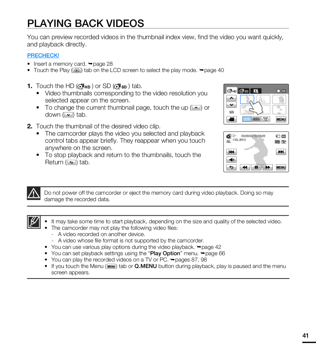 Samsung HMX-T10ON, HMX-T10BN, HMX-T10WN user manual Playing Back Videos, Insert a memory card. page 