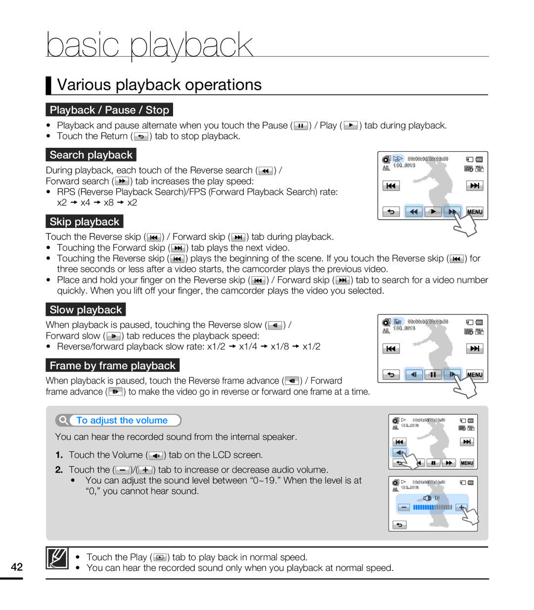 Samsung HMX-T10BN, HMX-T10ON, HMX-T10WN user manual Various playback operations 