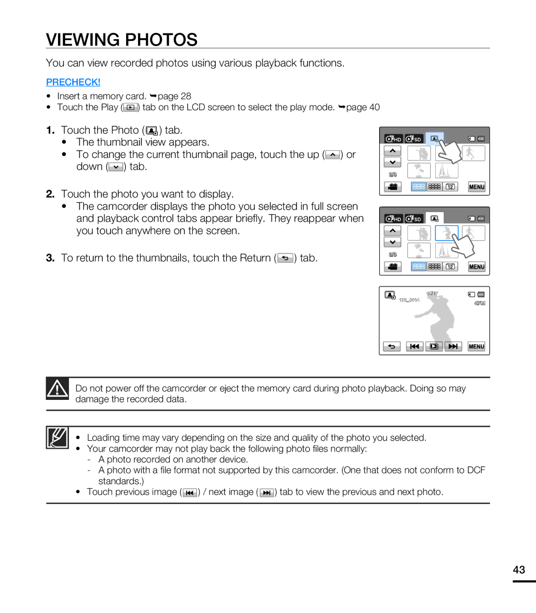 Samsung HMX-T10WN, HMX-T10ON, HMX-T10BN user manual Viewing Photos 