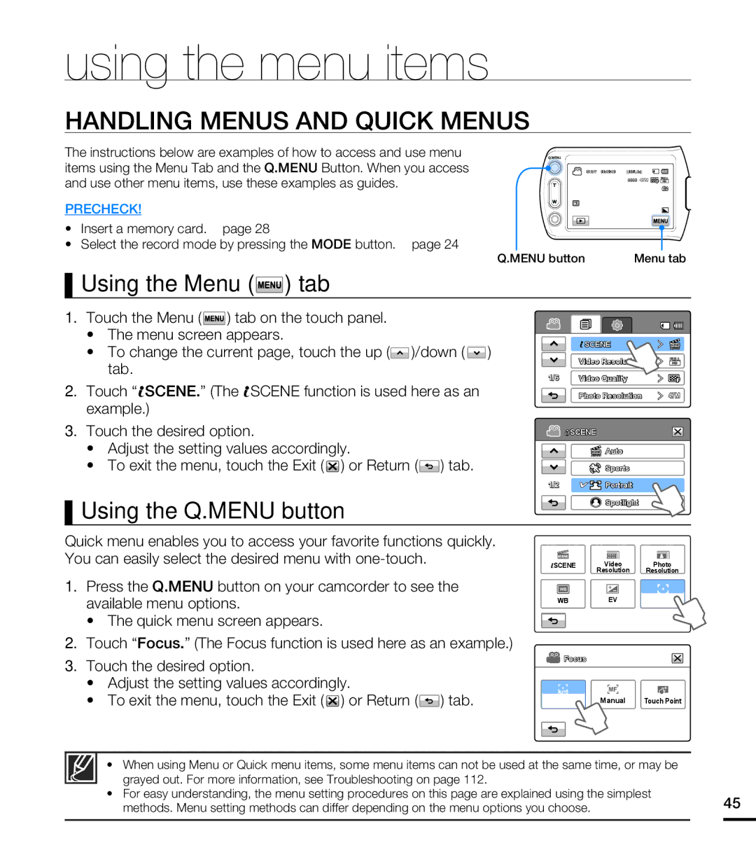 Samsung HMX-T10BN Using the menu items, Handling Menus and Quick Menus, Using the Menu tab, Using the Q.MENU button 