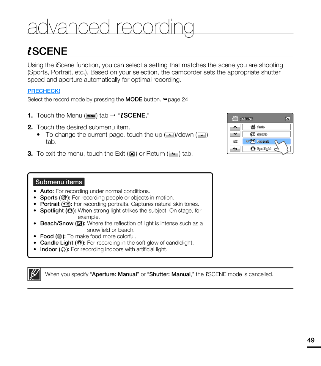 Samsung HMX-T10WN, HMX-T10ON, HMX-T10BN user manual Advanced recording, Scene, Submenu items 