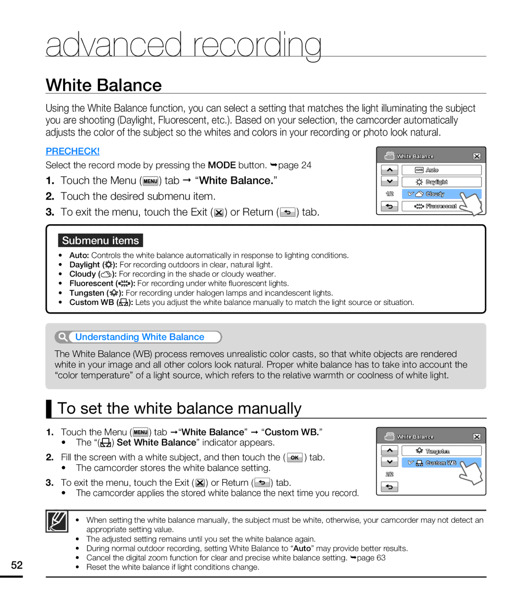 Samsung HMX-T10WN, HMX-T10ON, HMX-T10BN user manual To set the white balance manually, Understanding White Balance 