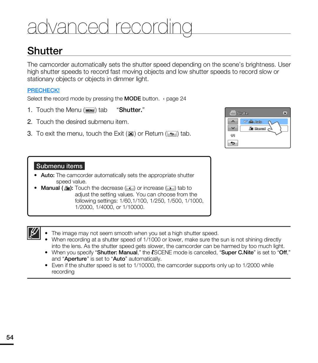 Samsung HMX-T10BN, HMX-T10ON, HMX-T10WN user manual Shutter 