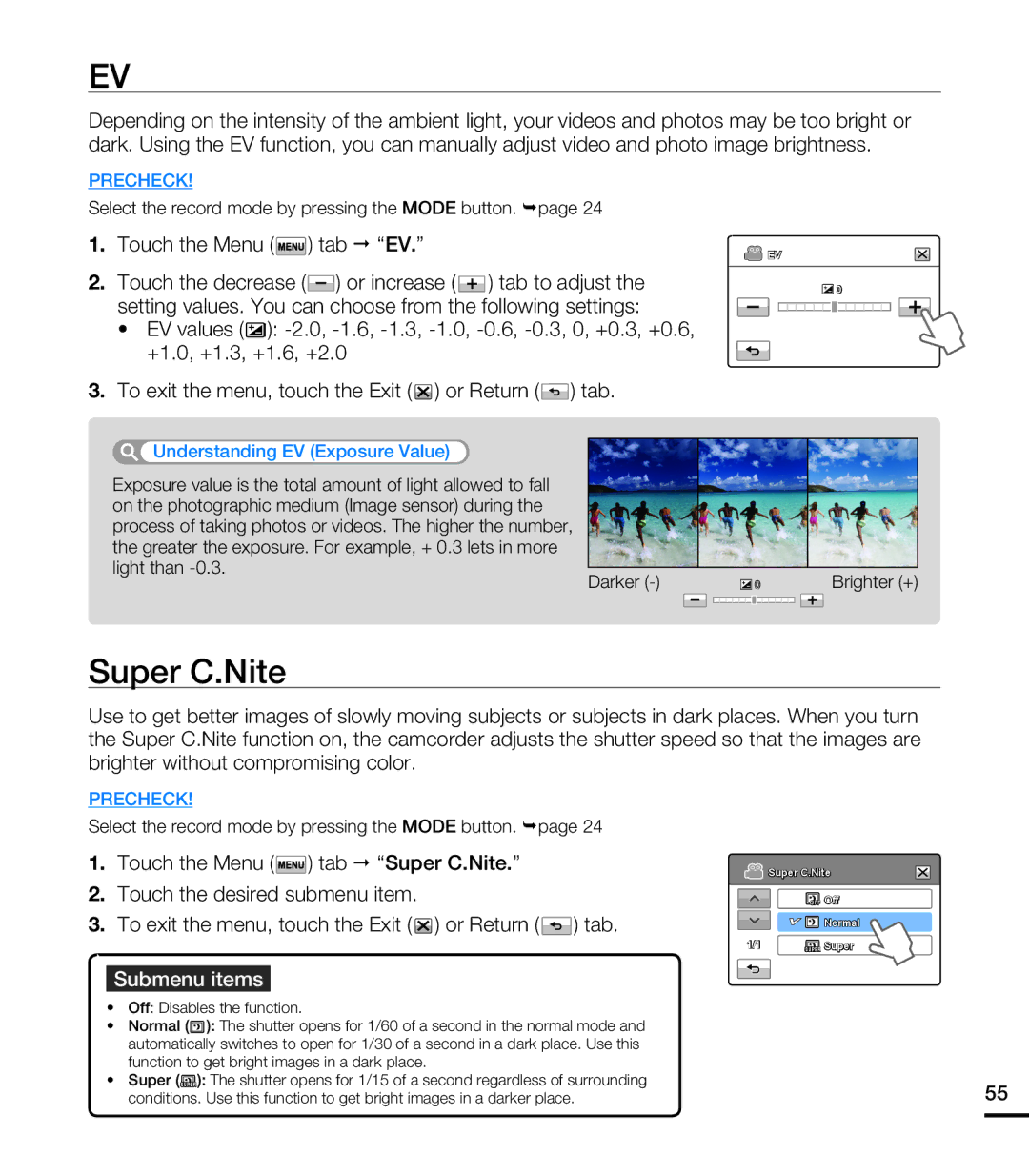 Samsung HMX-T10WN, HMX-T10ON, HMX-T10BN user manual Super C.Nite, Understanding EV Exposure Value 