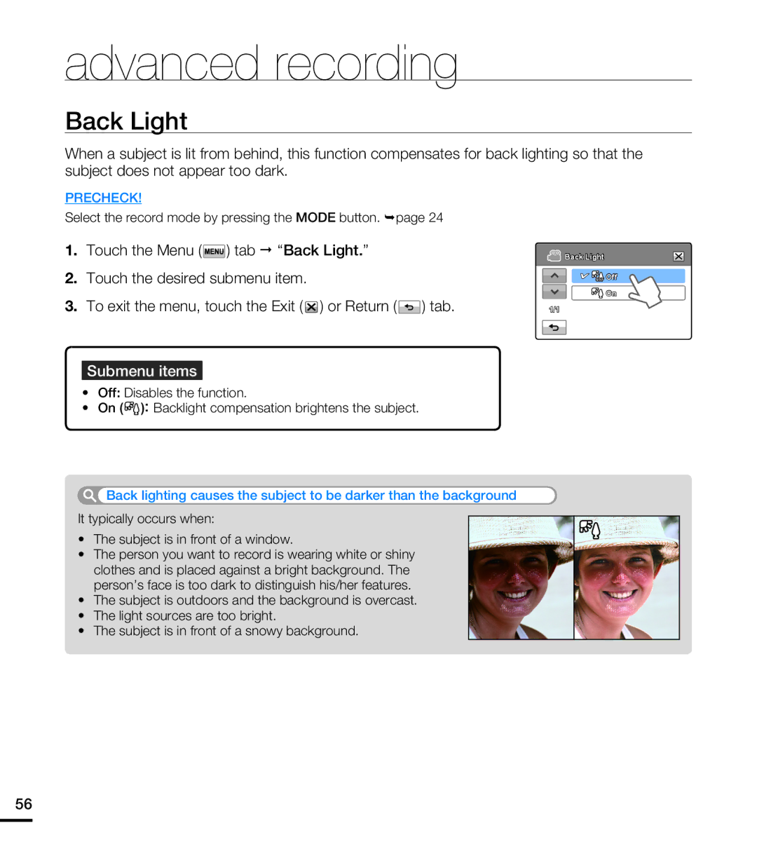 Samsung HMX-T10ON, HMX-T10BN, HMX-T10WN user manual Back Light, It typically occurs when Subject is in front of a window 