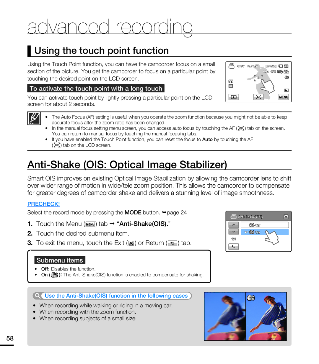 Samsung HMX-T10WN, HMX-T10ON, HMX-T10BN user manual Anti-Shake OIS Optical Image Stabilizer, Using the touch point function 