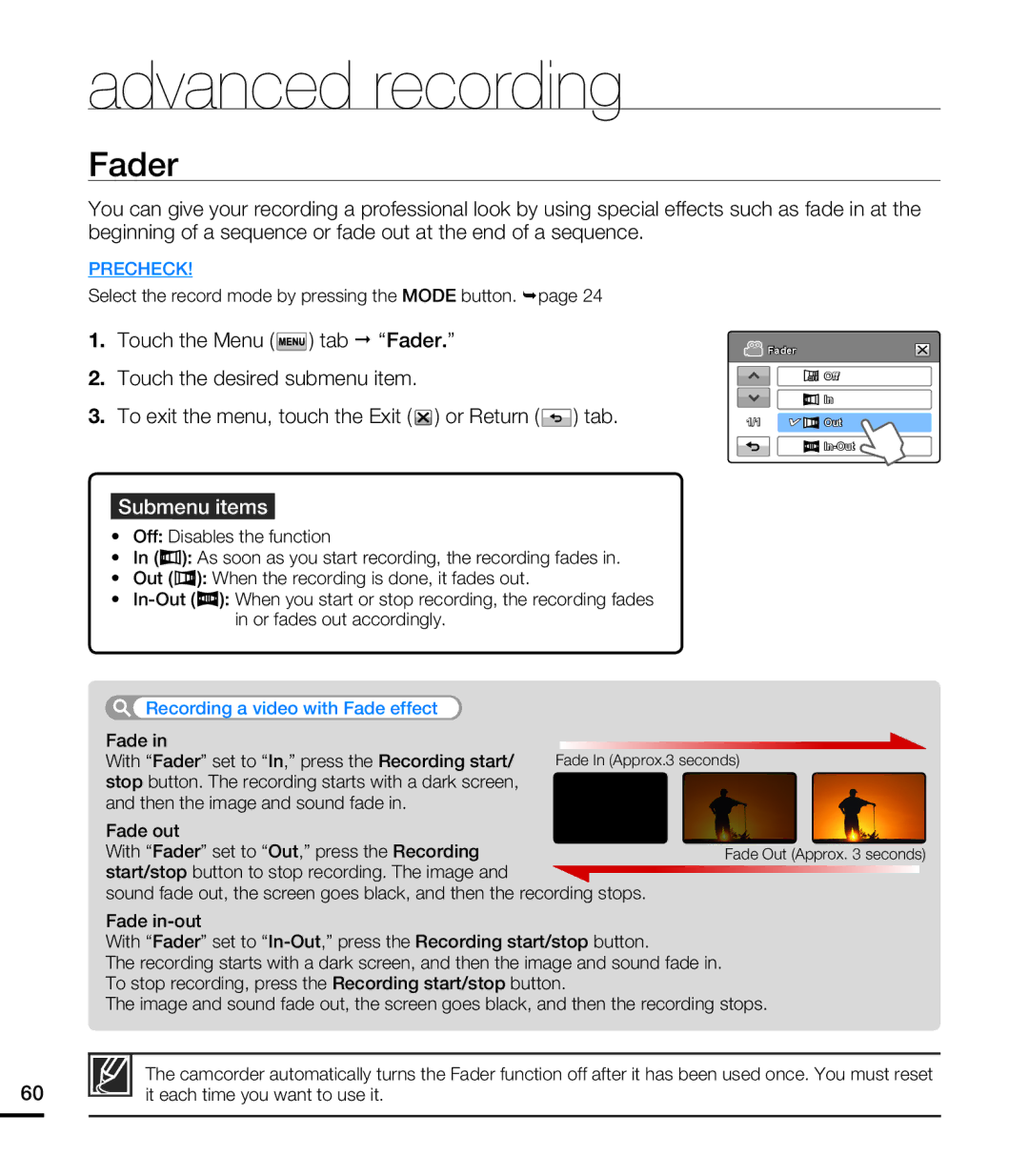 Samsung HMX-T10BN, HMX-T10ON, HMX-T10WN user manual Fader, Recording a video with Fade effect 