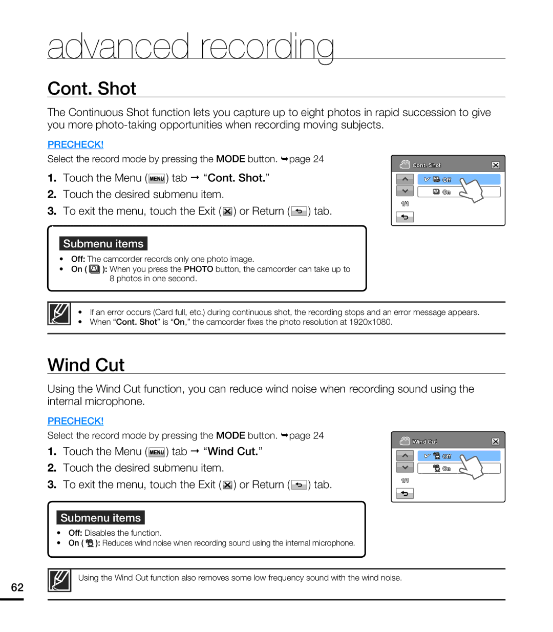 Samsung HMX-T10ON, HMX-T10BN, HMX-T10WN user manual Cont. Shot, Wind Cut 