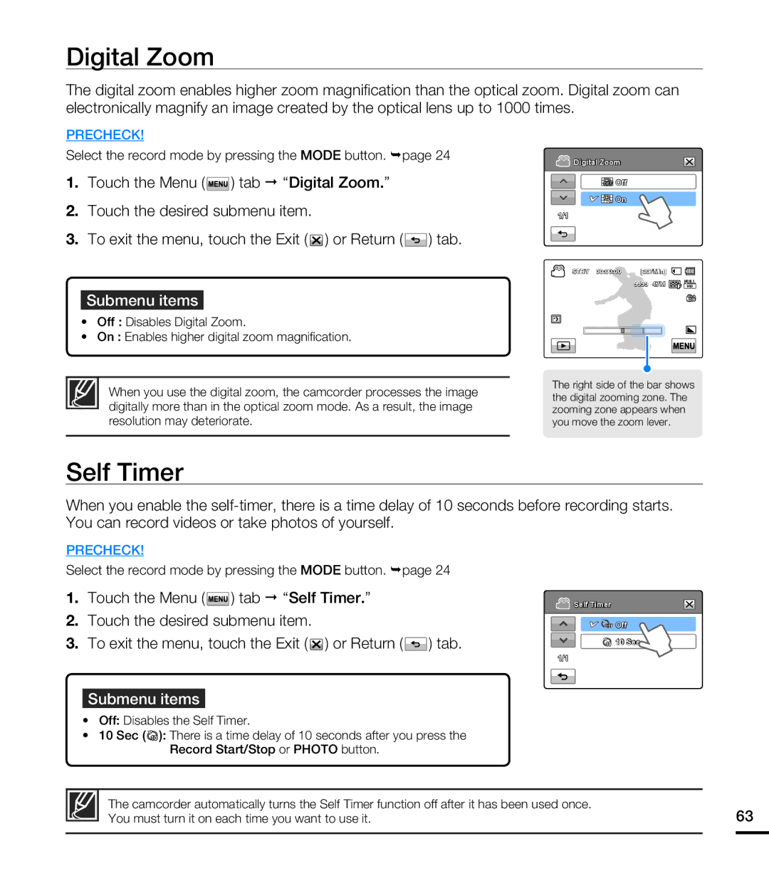 Samsung HMX-T10BN, HMX-T10ON, HMX-T10WN user manual Digital Zoom, Self Timer 