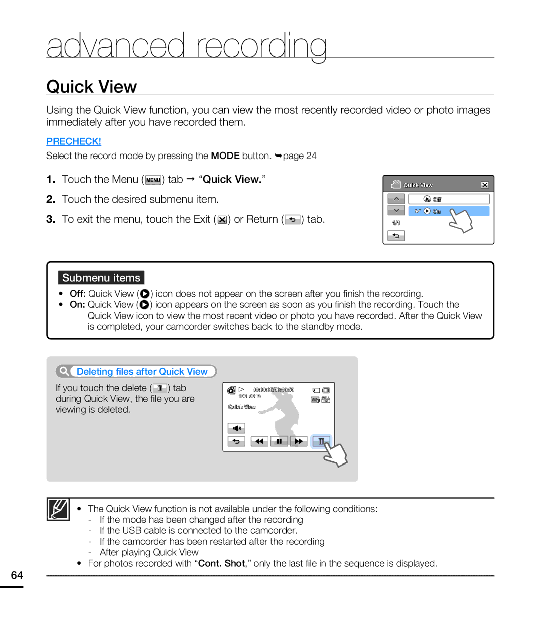 Samsung HMX-T10WN, HMX-T10ON, HMX-T10BN user manual Deleting files after Quick View 