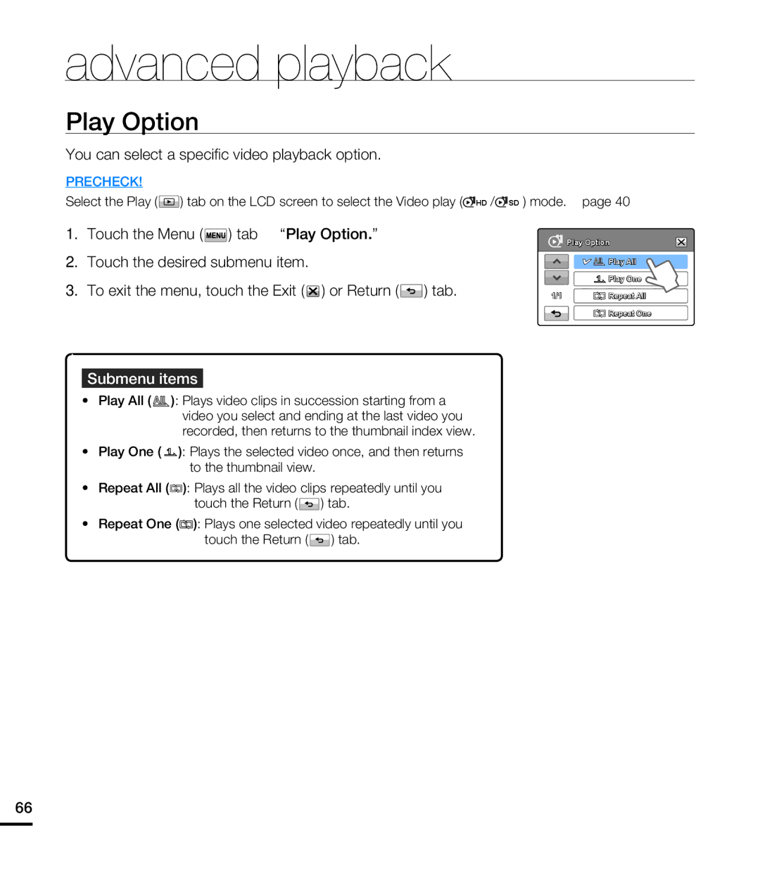 Samsung HMX-T10BN Advanced playback, Play Option, You can select a specifi c video playback option, SD mode. page 