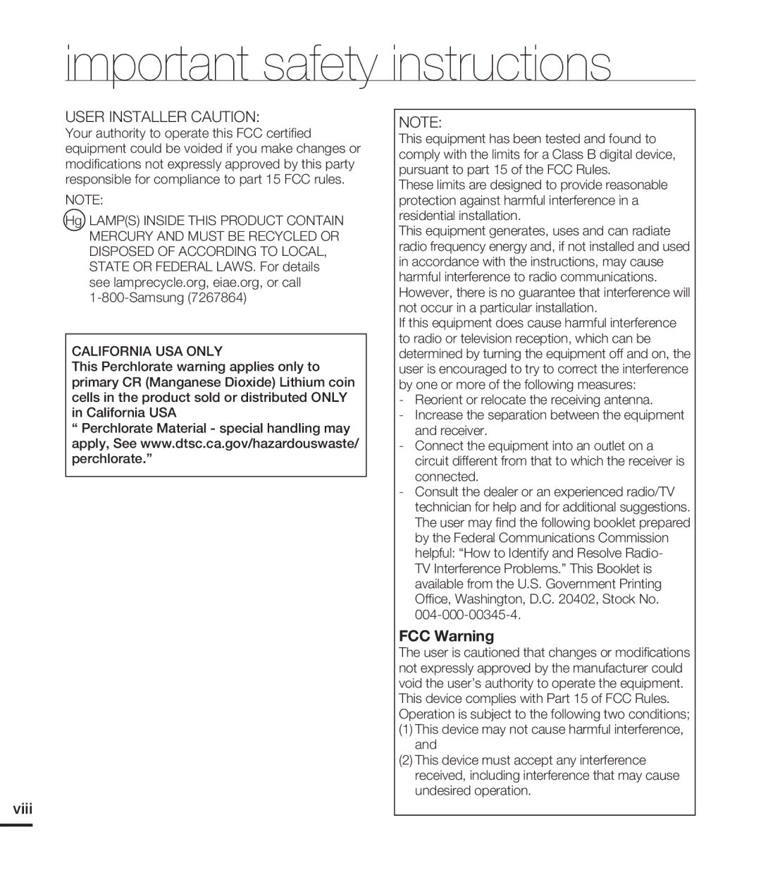 Samsung HMX-T10WN, HMX-T10ON, HMX-T10BN user manual User Installer Caution, Viii 