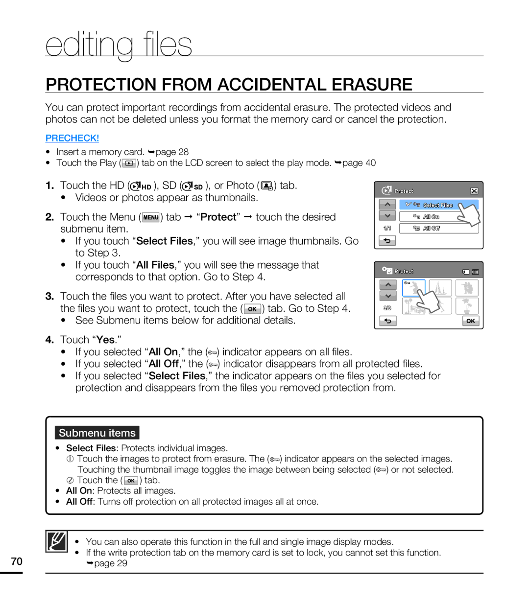 Samsung HMX-T10WN, HMX-T10ON, HMX-T10BN Protection from Accidental Erasure, Select Files Protects individual images 