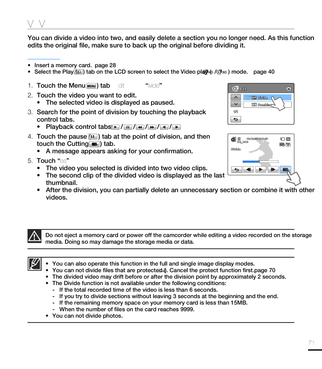 Samsung HMX-T10ON, HMX-T10BN Dividing a Video, Touch the Menu, Touch the video you want to edit, Touch the Cutting Tab 