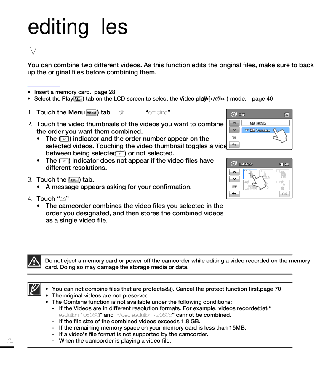 Samsung HMX-T10BN, HMX-T10ON, HMX-T10WN user manual Combining Videos, SD mode. page 