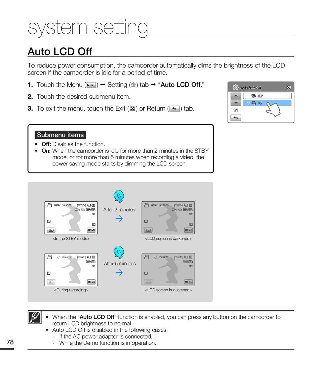 Samsung HMX-T10BN, HMX-T10ON, HMX-T10WN Auto LCD Off, Off Disables the function, While the Demo function is in operation 