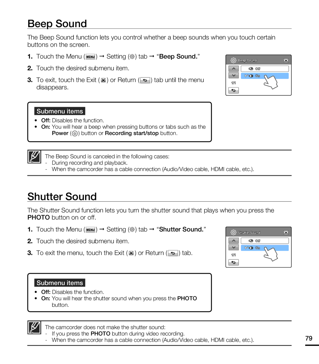 Samsung HMX-T10WN, HMX-T10ON, HMX-T10BN user manual Beep Sound, Shutter Sound 