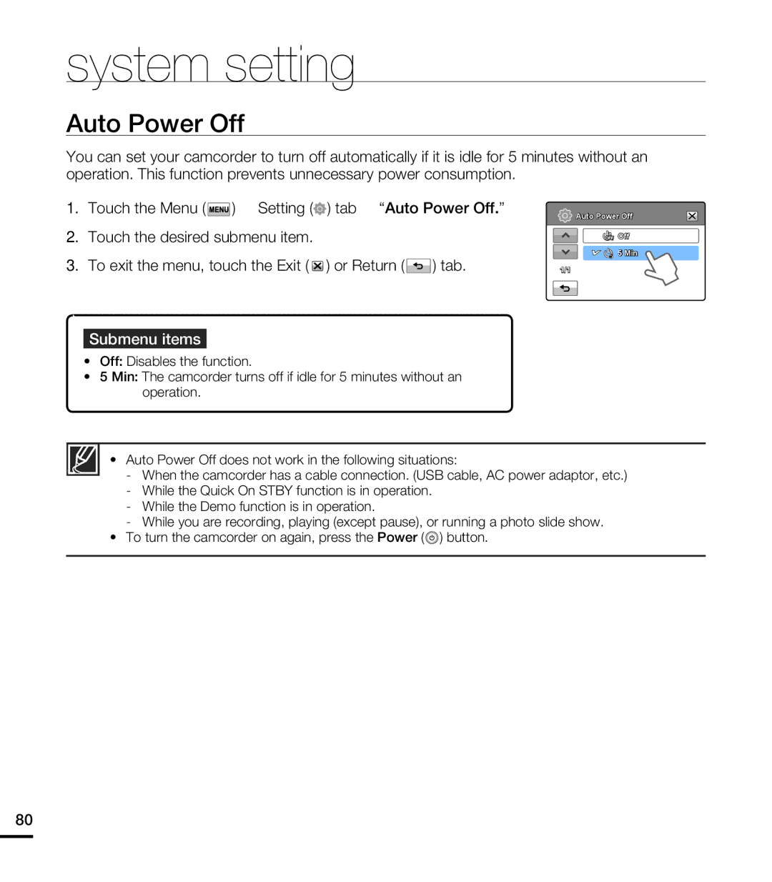 Samsung HMX-T10ON, HMX-T10BN, HMX-T10WN user manual Auto Power Off 