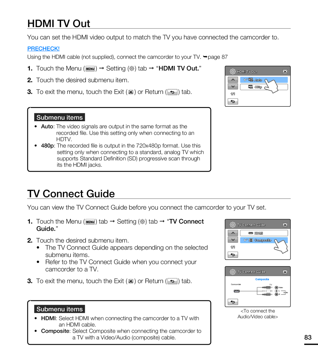 Samsung HMX-T10ON, HMX-T10BN, HMX-T10WN user manual TV Connect Guide, Touch the Menu  Setting Tab  Hdmi TV Out 