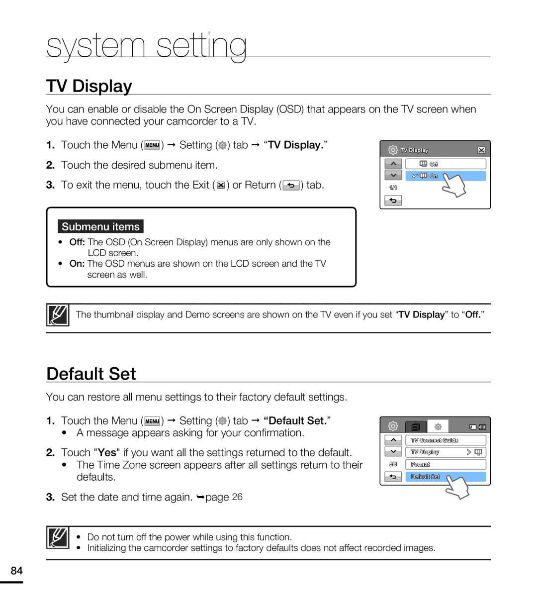 Samsung HMX-T10BN, HMX-T10ON, HMX-T10WN user manual TV Display, Default Set 