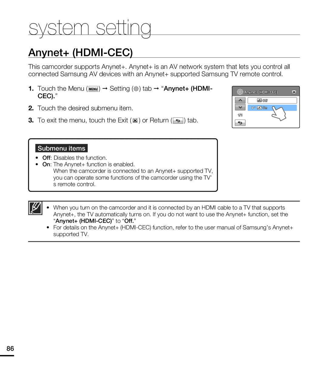 Samsung HMX-T10ON, HMX-T10BN, HMX-T10WN user manual Anynet+ HDMI-CEC, Touch the Menu  Setting tab  Anynet+ HDMI- CEC 