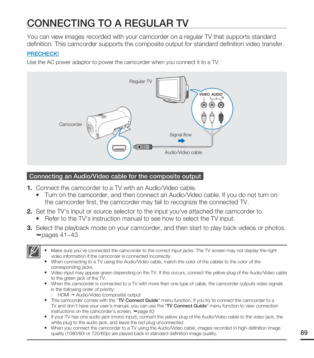 Samsung HMX-T10ON, HMX-T10BN Connecting to a Regular TV, Connecting an Audio/Video cable for the composite output 