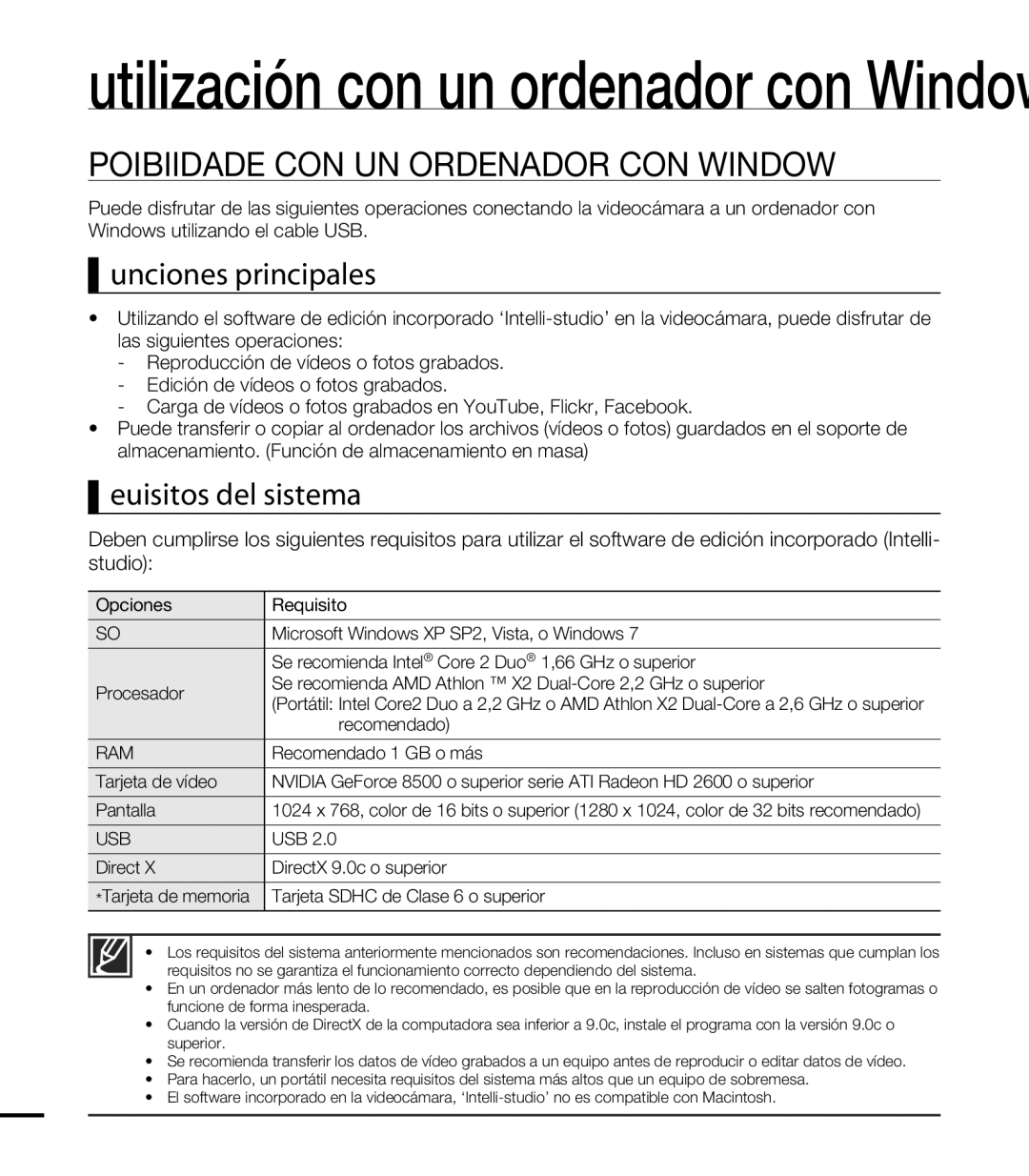 Samsung HMX-T10WP/EDC manual Posibilidades CON UN Ordenador CON Windows, Funciones principales, Requisitos del sistema 