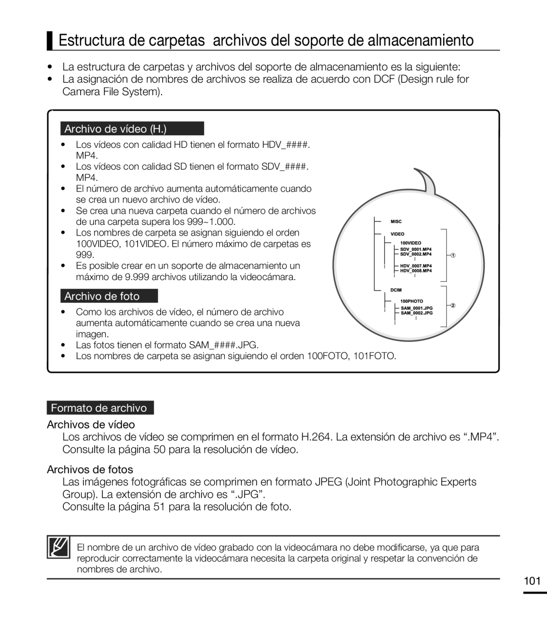 Samsung HMX-T10BP/EDC, HMX-T10WP/EDC manual Archivo de vídeo H.264 ①, Archivo de foto ②, Formato de archivo, 101 