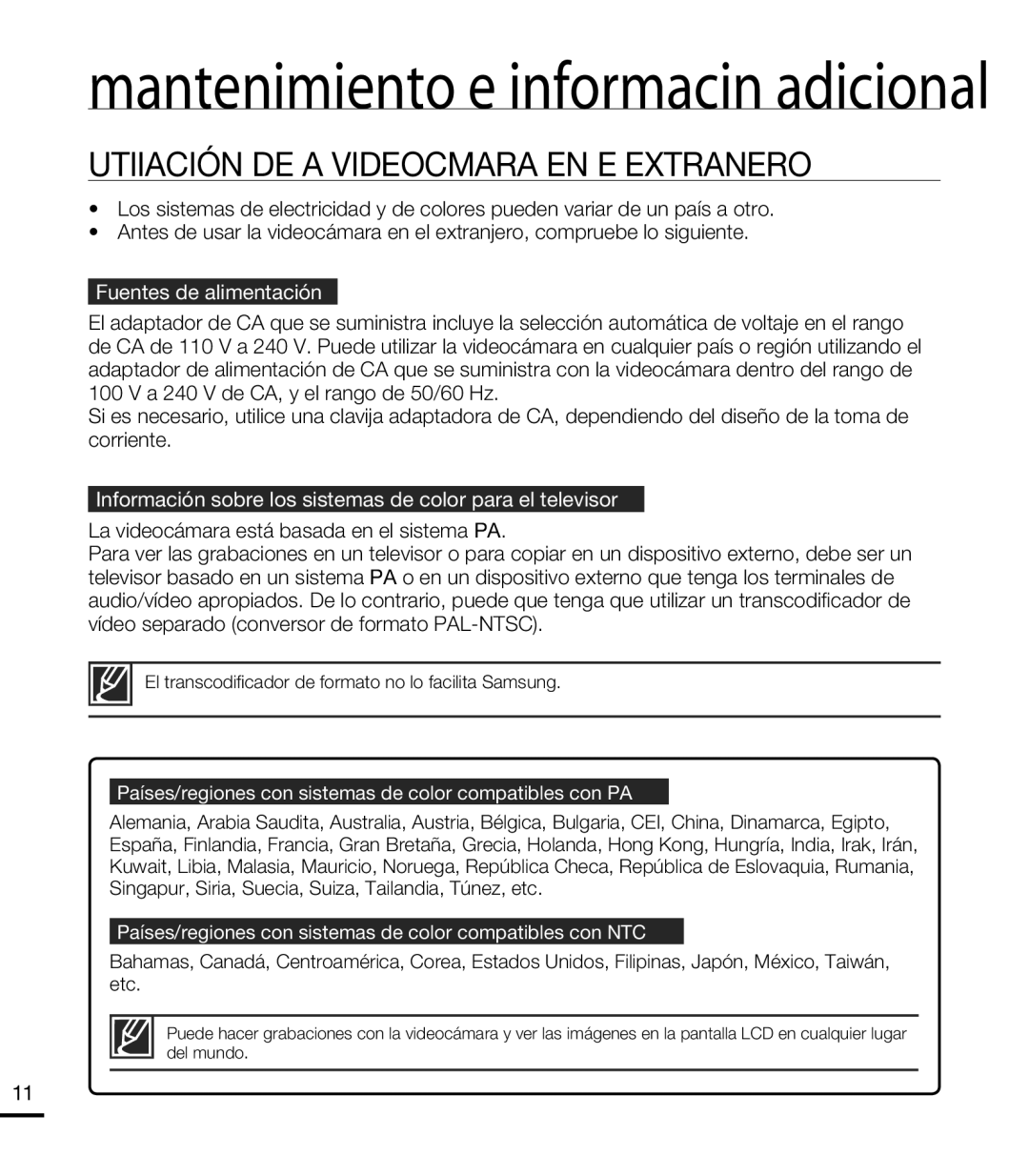 Samsung HMX-T10WP/EDC, HMX-T10BP/EDC manual Utilización DE LA Videocámara EN EL Extranjero, Fuentes de alimentación, 114 