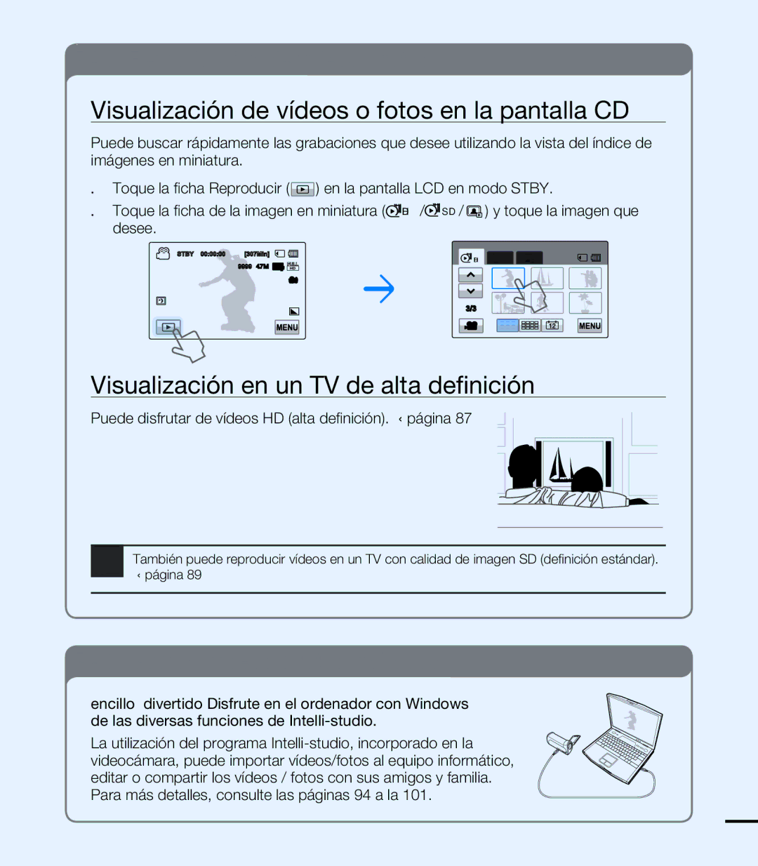 Samsung HMX-T10BP/EDC manual Visualización de vídeos o fotos en la pantalla LCD, Visualización en un TV de alta definición 