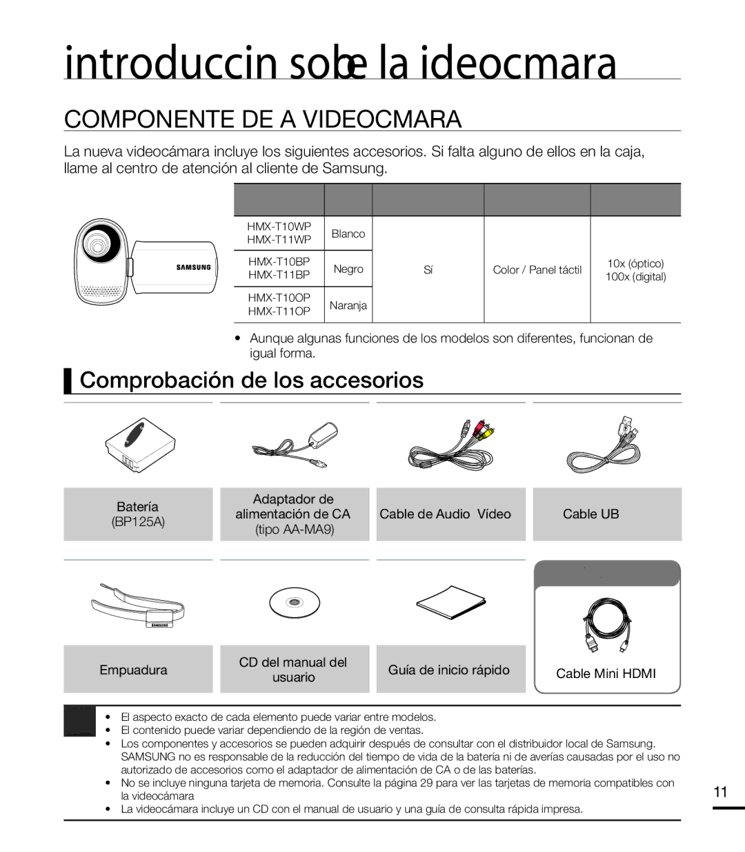 Samsung HMX-T10BP/EDC, HMX-T10WP/EDC manual Componentes DE LA Videocámara, Comprobación de los accesorios 