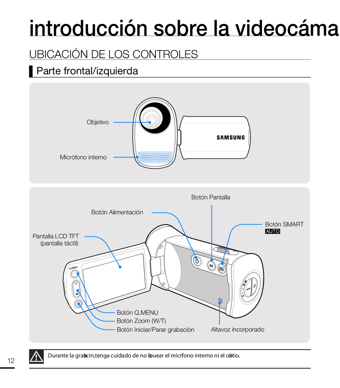 Samsung HMX-T10WP/EDC, HMX-T10BP/EDC manual Ubicación DE LOS Controles, Parte frontal/izquierda 