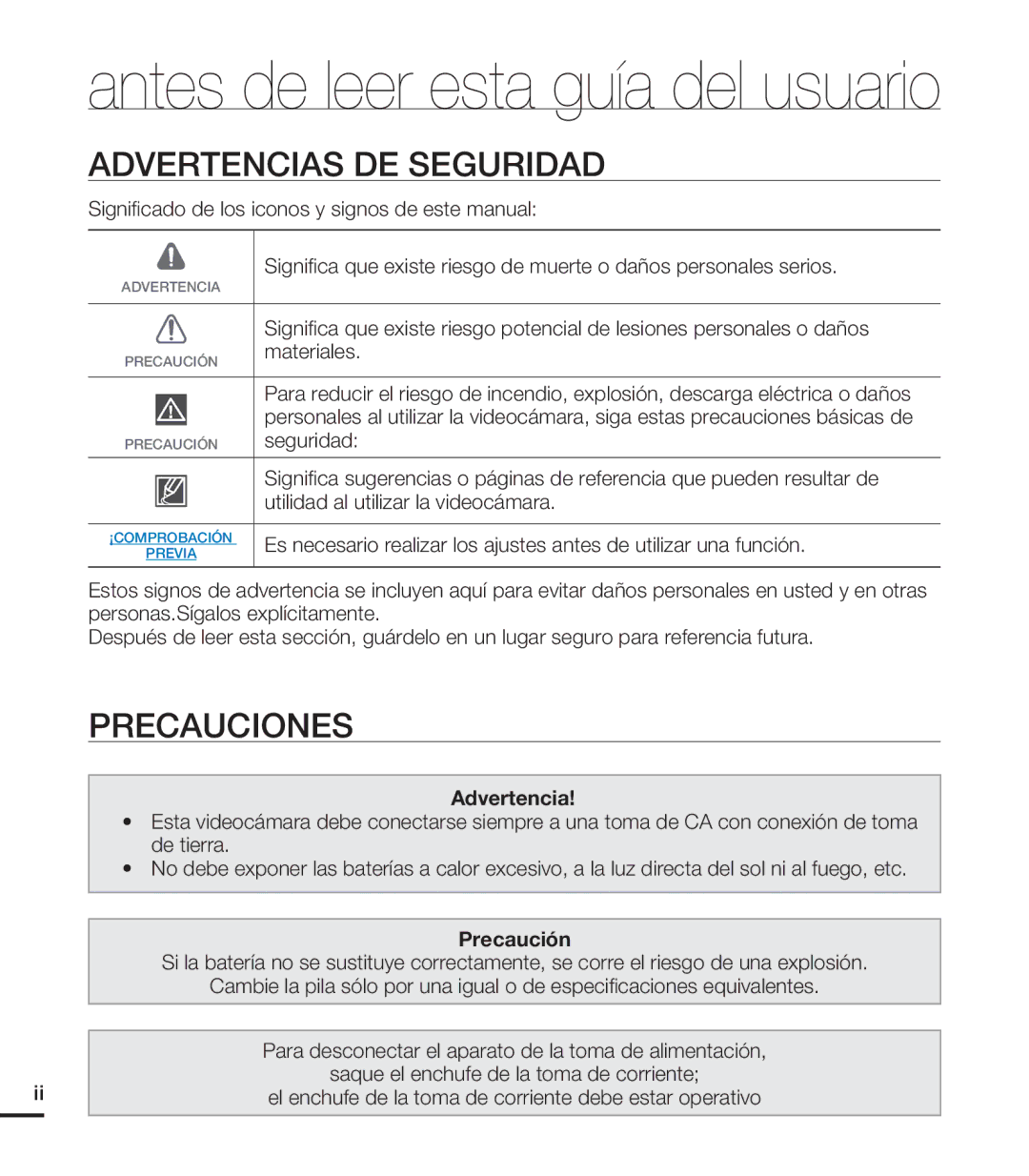 Samsung HMX-T10WP/EDC manual Advertencias DE Seguridad, Precauciones, Materiales, Utilidad al utilizar la videocámara 