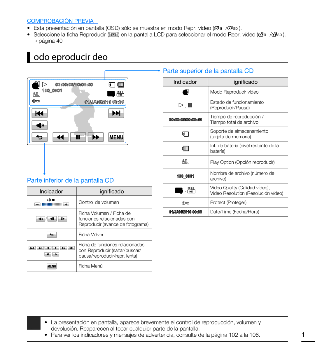 Samsung HMX-T10BP/EDC, HMX-T10WP/EDC manual Modo Reproducir vídeo, Parte inferior de la pantalla LCD 