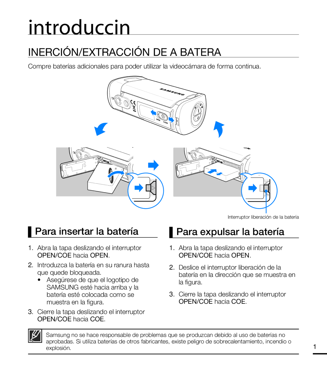 Samsung HMX-T10BP/EDC Introducción, INSERCIÓN/EXTRACCIÓN DE LA Batería, Para insertar la batería, Para expulsar la batería 