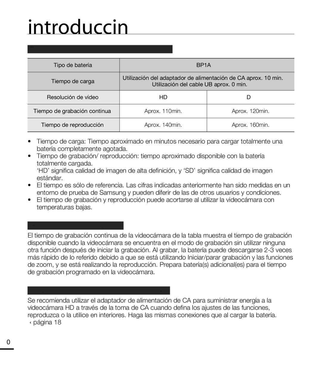 Samsung HMX-T10WP/EDC, HMX-T10BP/EDC manual Tiempo de ejecución disponible para la batería, Grabación continua sin zoom 