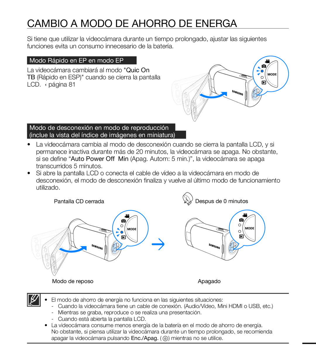 Samsung HMX-T10BP/EDC, HMX-T10WP/EDC manual Cambio AL Modo DE Ahorro DE Energía, Modo Rápido en ESP en modo ESP 