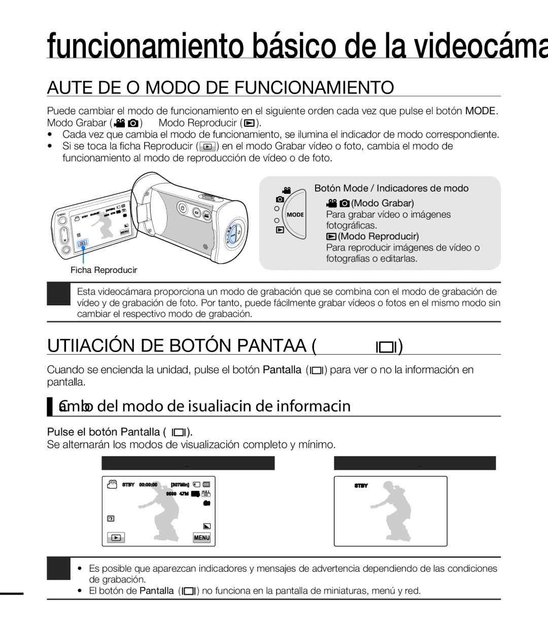 Samsung HMX-T10WP/EDC, HMX-T10BP/EDC manual Ajustes DE LOS Modos DE Funcionamiento, Utilización DEL Botón Pantalla 