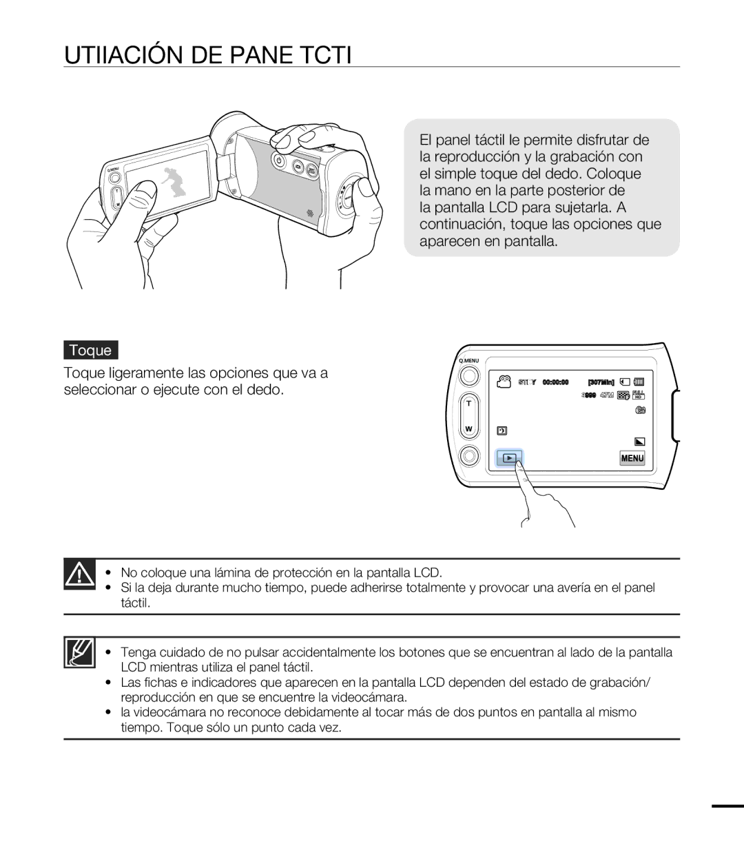 Samsung HMX-T10BP/EDC, HMX-T10WP/EDC manual Utilización DEL Panel Táctil, Toque 