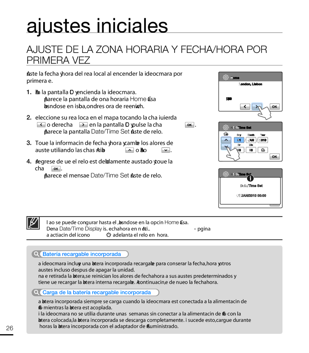 Samsung HMX-T10WP/EDC, HMX-T10BP/EDC manual Ajustes iniciales, Ajuste DE LA Zona Horaria Y FECHA/HORA POR Primera VEZ 