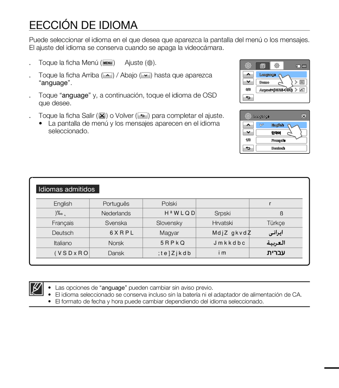 Samsung HMX-T10BP/EDC, HMX-T10WP/EDC manual Selección DEL Idioma, Idiomas admitidos 