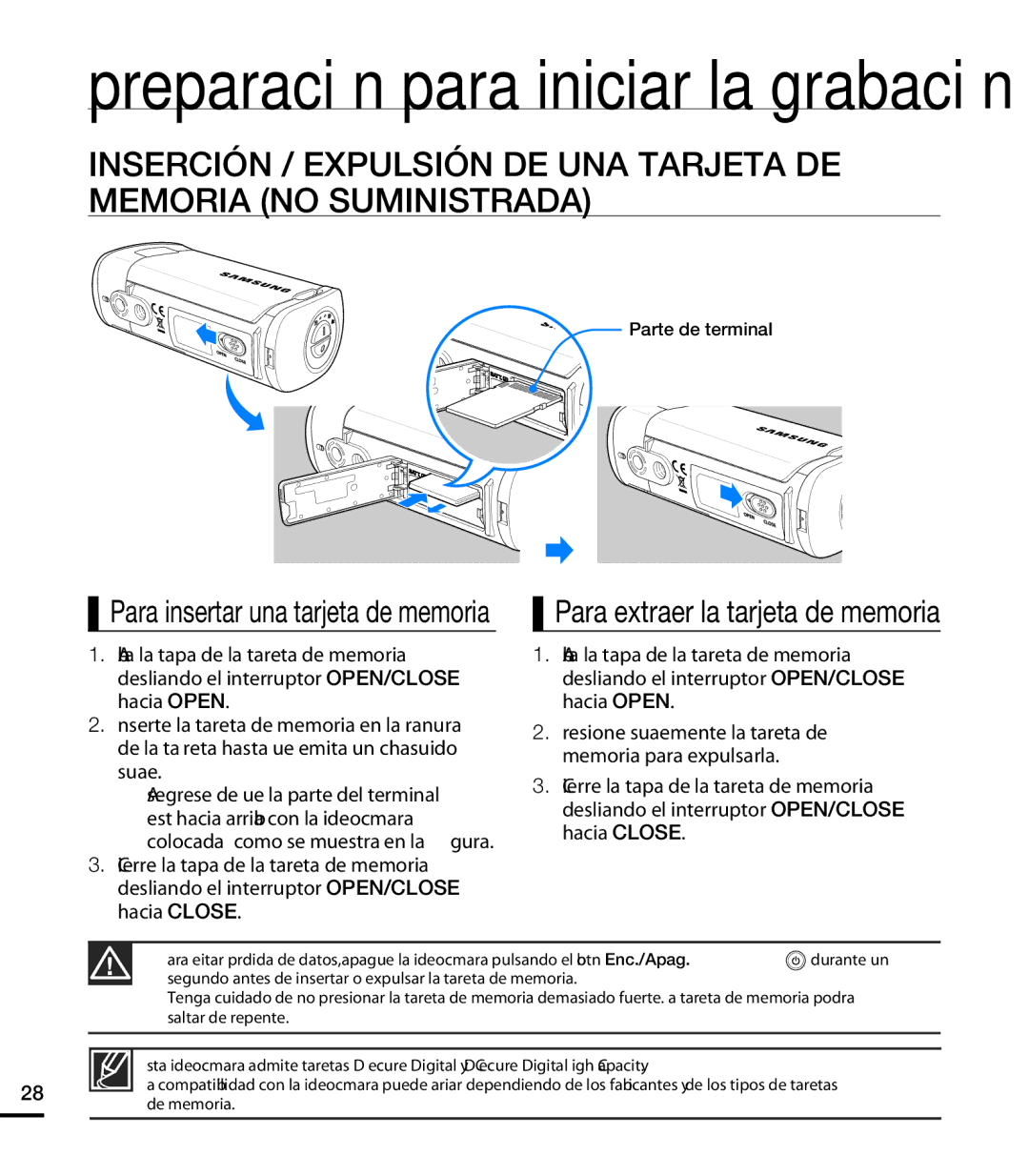 Samsung HMX-T10WP/EDC, HMX-T10BP/EDC manual Preparación para iniciar la grabación, Para extraer la tarjeta de memoria 