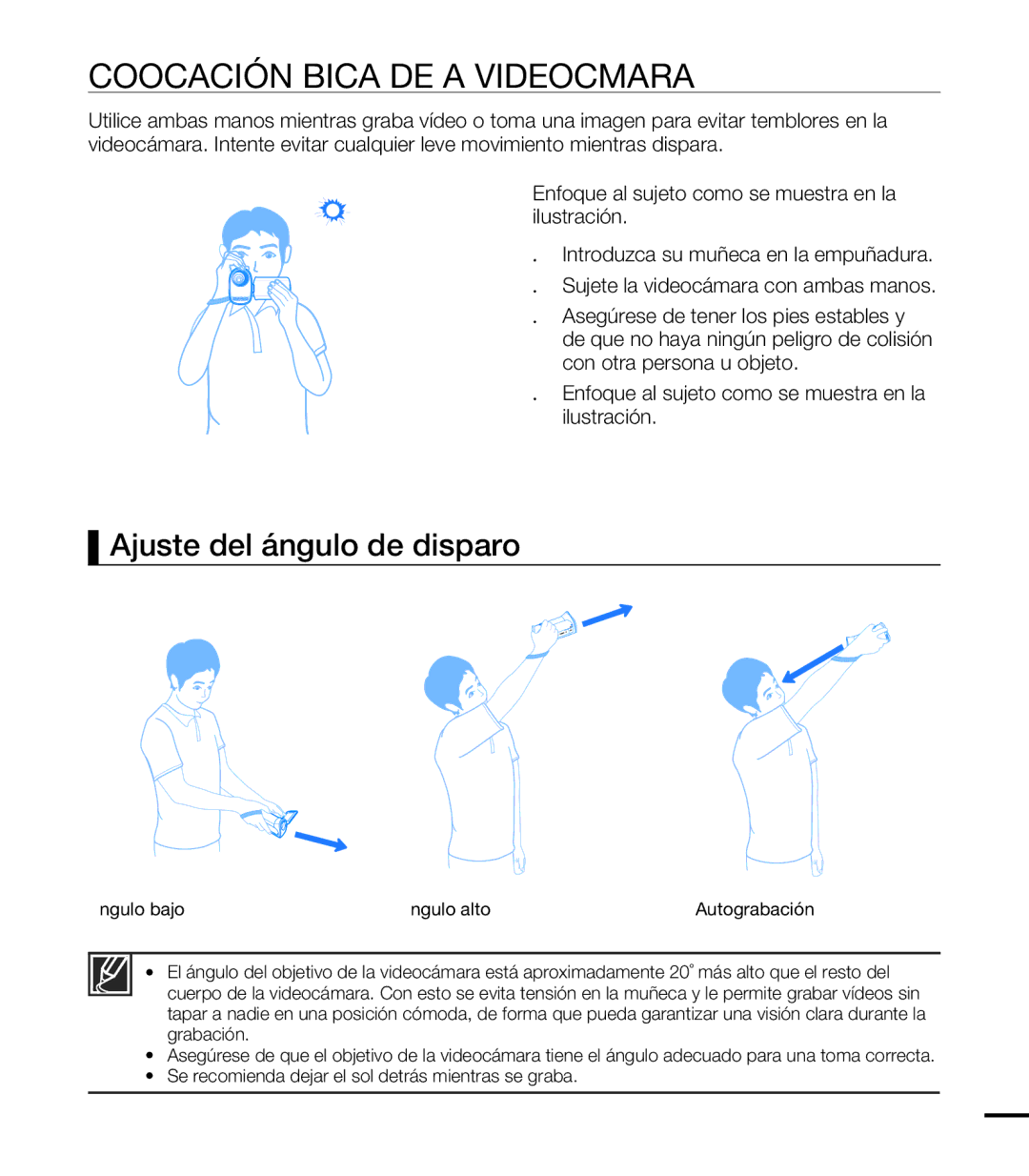 Samsung HMX-T10BP/EDC, HMX-T10WP/EDC manual Colocación Básica DE LA Videocámara, Ajuste del ángulo de disparo 