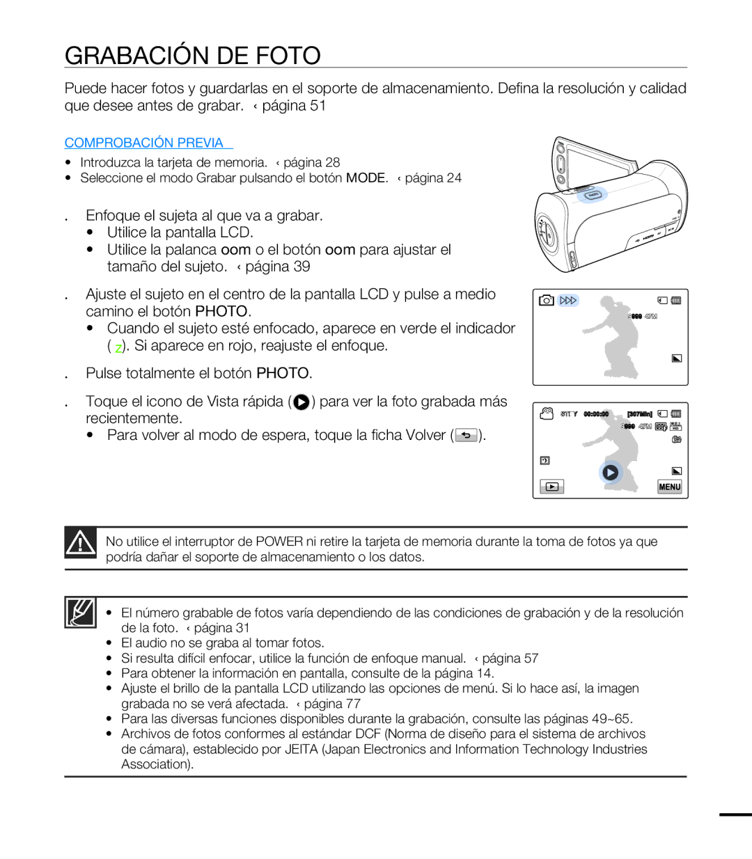 Samsung HMX-T10BP/EDC, HMX-T10WP/EDC manual Grabación DE Fotos 