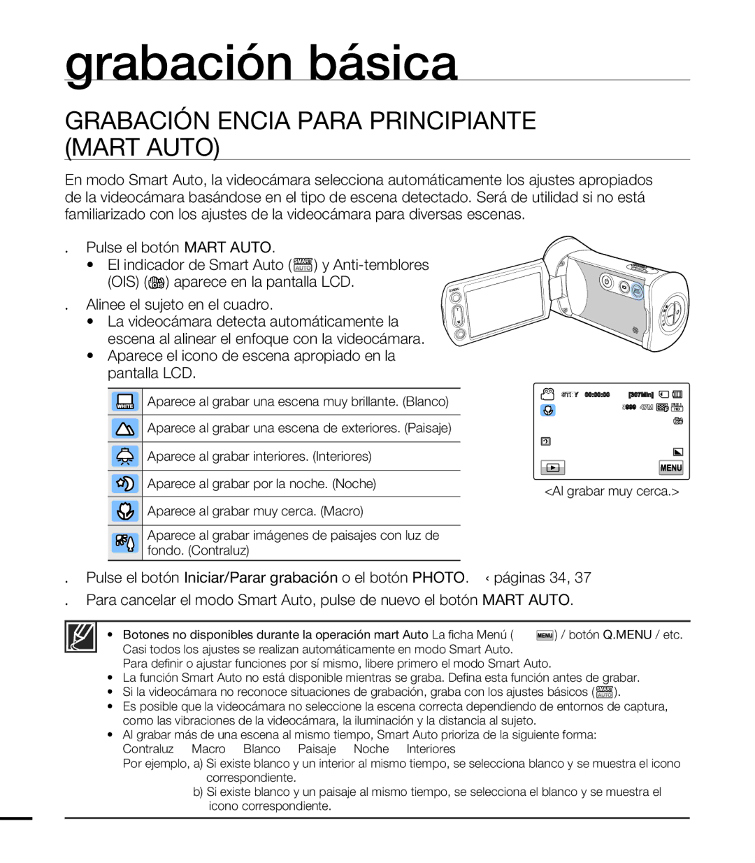 Samsung HMX-T10WP/EDC, HMX-T10BP/EDC manual Grabación Sencilla Para Principiantes Smart Auto 