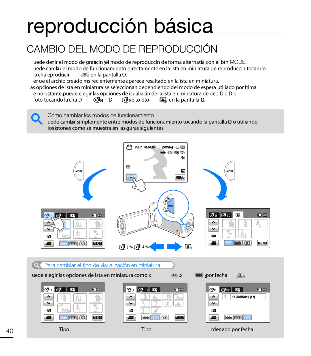 Samsung HMX-T10WP/EDC, HMX-T10BP/EDC manual Reproducción básica, Cambio DEL Modo DE Reproducción 