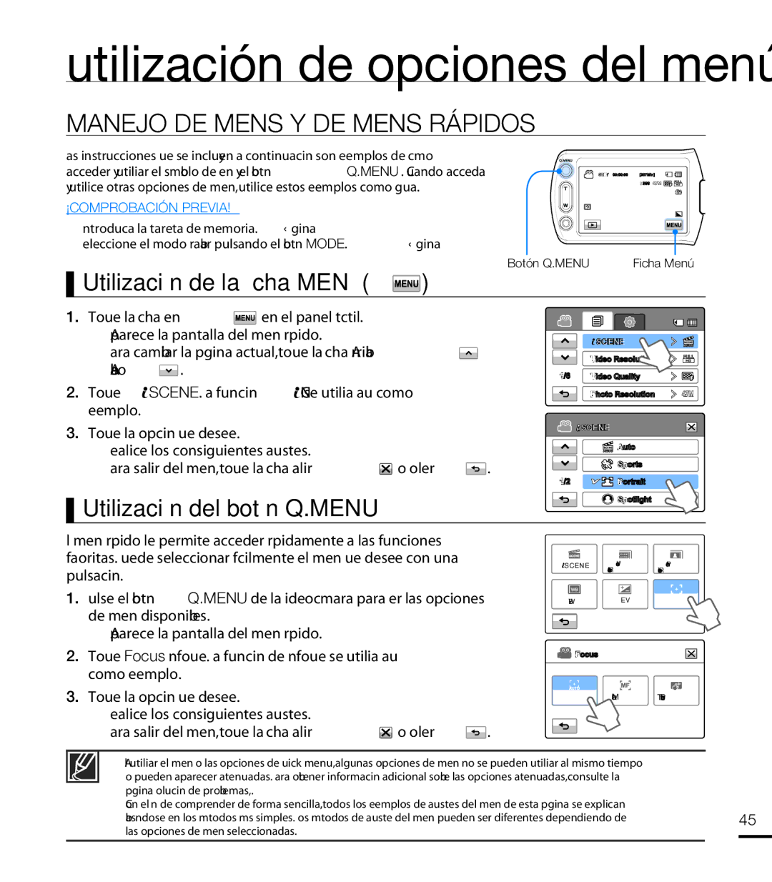 Samsung HMX-T10BP/EDC manual Manejo DE Menús Y DE Menús Rápidos, Utilización de la ﬁ cha Menú, Utilización del botón Q.MENU 