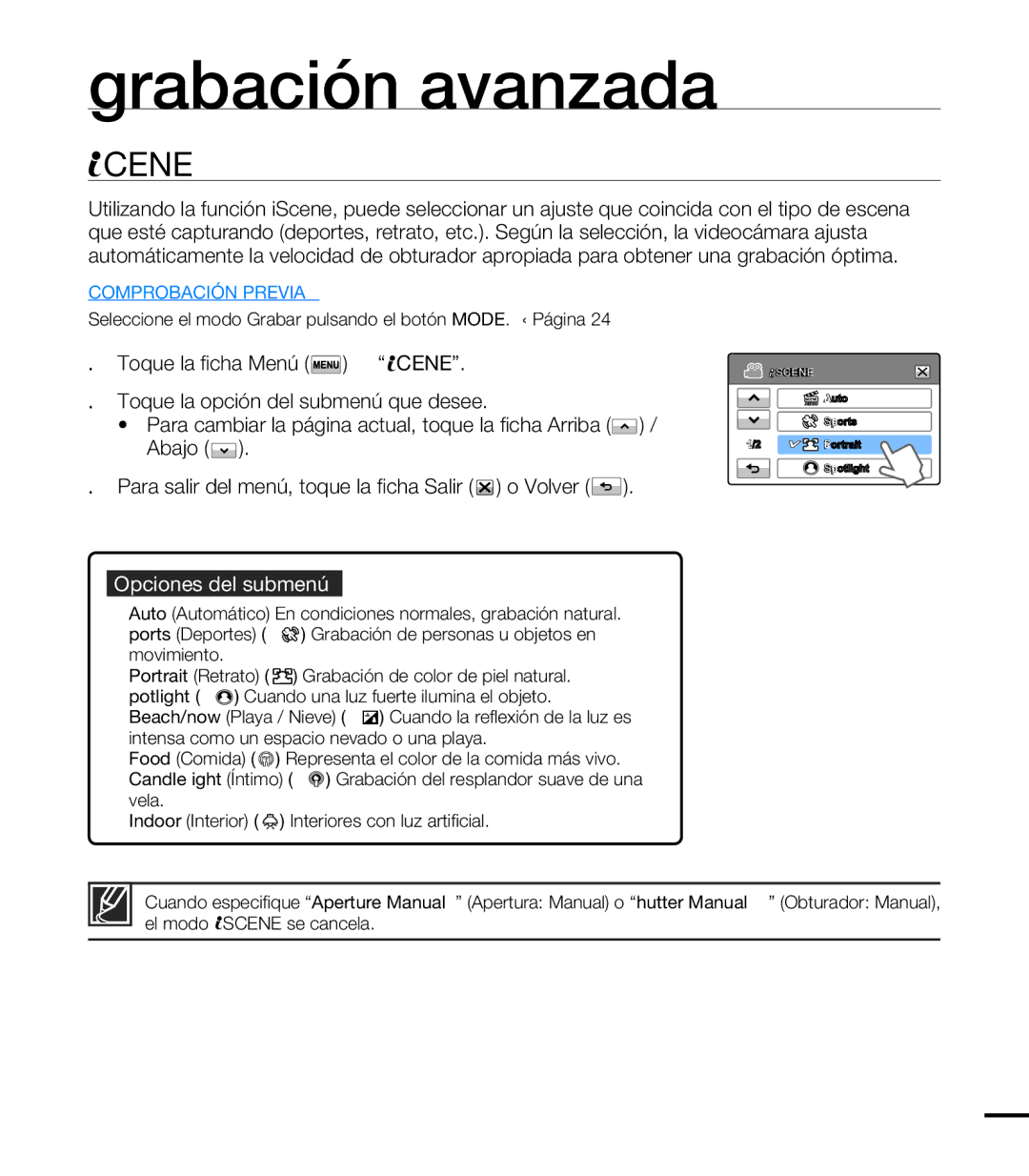 Samsung HMX-T10BP/EDC, HMX-T10WP/EDC manual Grabación avanzada, Scene, Opciones del submenú 