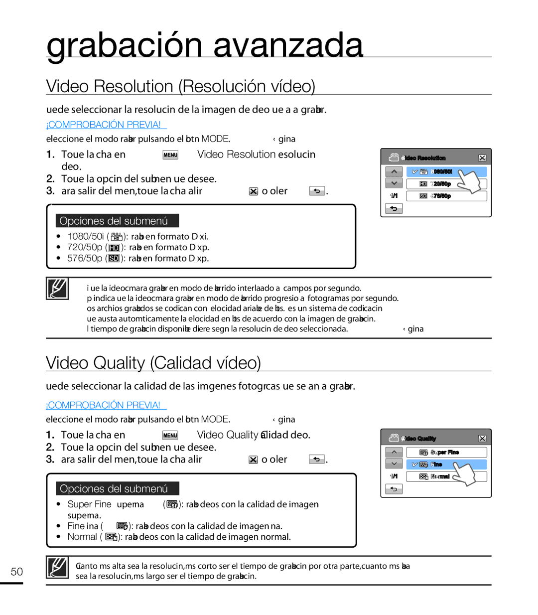 Samsung HMX-T10WP/EDC, HMX-T10BP/EDC manual Video Resolution Resolución vídeo, Video Quality Calidad vídeo 