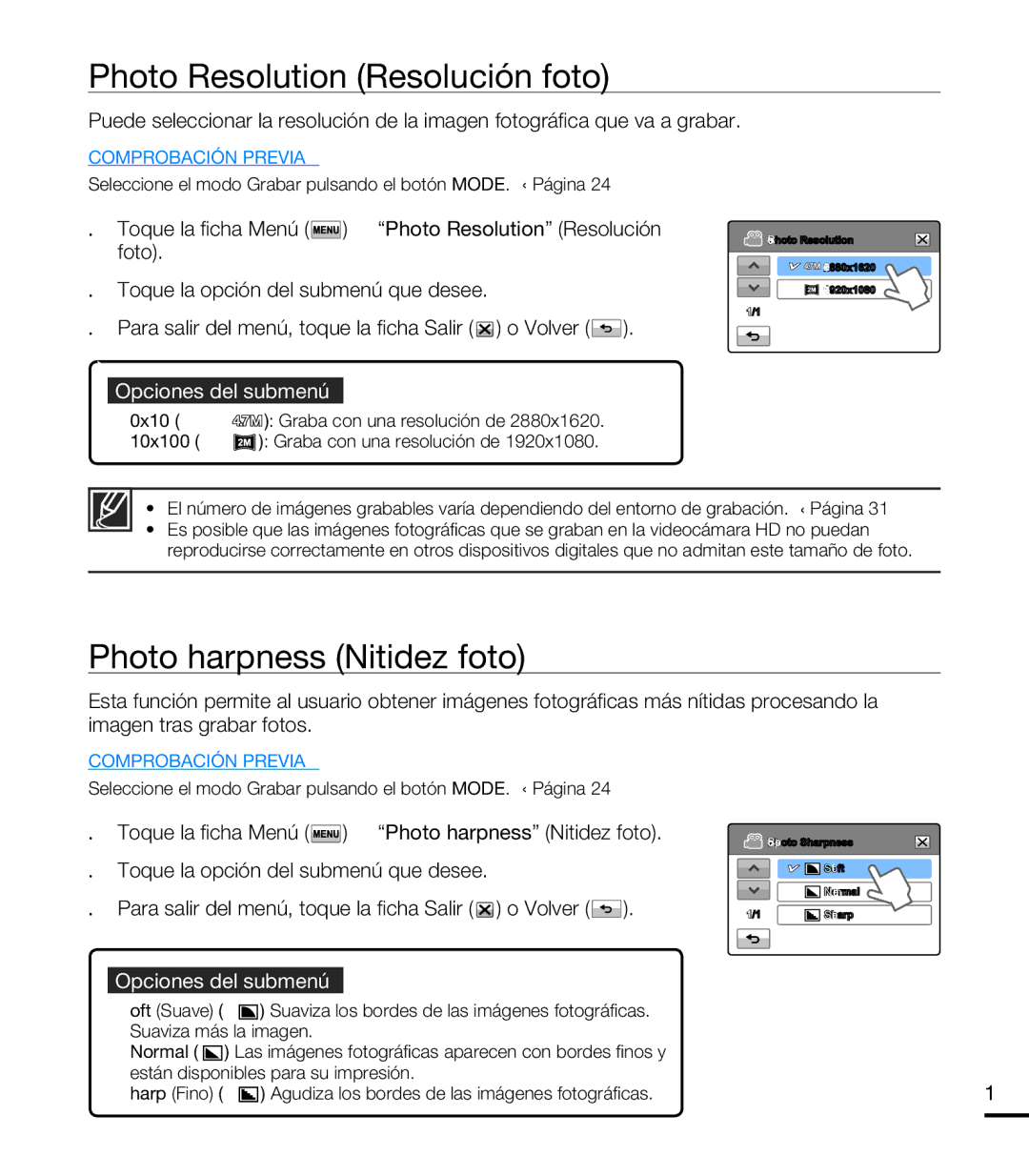 Samsung HMX-T10BP/EDC, HMX-T10WP/EDC manual Photo Resolution Resolución foto, Photo Sharpness Nitidez foto 